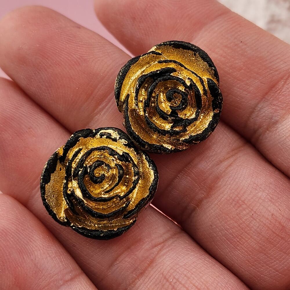 Gold Black Rose Stud Earrings Sculpted Flower Textured Romantic Retro Pair